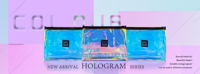 Trim PVC Cosmetic Bag Waterproof Slider Gusset Zipper Makeup Case Beauty Pouch, Logo printed luxury holographic PVC make