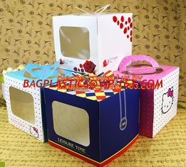 China decorative personalized paper cake boxes, Custom artpaper handle cake box with PVC window, wedding cake boxes with handl supplier