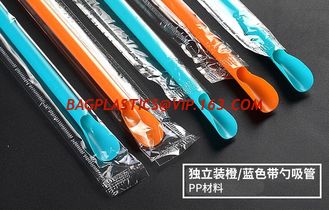 China wholesale biodegradable 100% PLA drinking straw with spoon,eco friendly biodegradable PLA plastic drinking straw package supplier