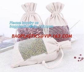 China custom packaging mung bean cloth bag cotton hemp drawstring bag with clear plastic mesh window,Jute Drawstring Bag For G supplier