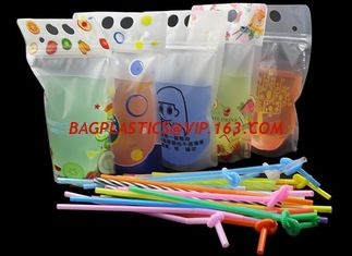 China Stand Up Reclosable Zipper Clear Drink Pouches Bags with Plastic Straw, 8mil Hand-held Drinking Bags 15&quot; Bottom Gusset supplier
