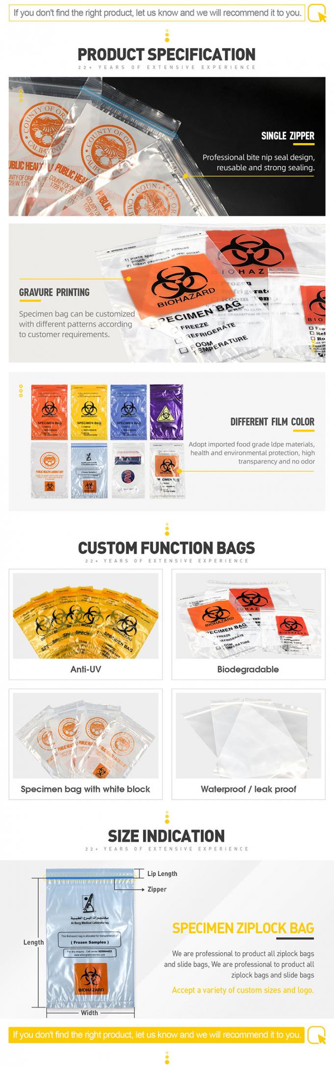 Factory Directly Plastic Printed LDPE biohazard clear specimen bag