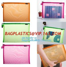 China OEM mesh plastic A4 file bag with zipper, net netting document bag pouch, customized PEVA coated net polyester fabric fo supplier