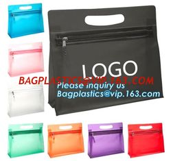 China travel use frosted pvc cosmetic zipper bag with logo, zip slider pipping cosmetic hand sample promotion bags, Clear PVC supplier