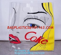 China eco friendly Clear PVC soft loop handle plastic bag, PVC material gusset handle hard plastic shopping bags, die cut hand supplier