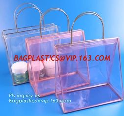 China pvc packaging shopping handle bag with button, promotional clear tote pvc handle shopping bag pvc tote bag, die cut hand supplier