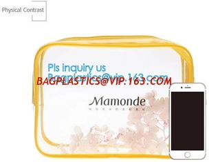 China Trendy transparent PVC makeup bag with nylon handle, pvc hanging travel cosmetic makeup zipper bag, travel makeup organi supplier