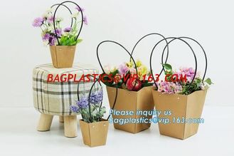 China Promotional printing brown paper fresh flower carrier waterproof kraft paper bags with handle,Flower carrier paper bag supplier