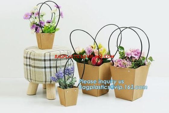 China Promotional printing brown paper fresh flower carrier waterproof kraft paper bags with handle,Flower carrier paper bag supplier