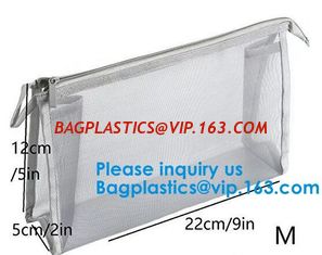China Travel Toiletry PouchCustom Small Portable White Mesh Zipper Cosmetic Bag With Leather Trim/Ladies Eco Makeup Hand Bag supplier
