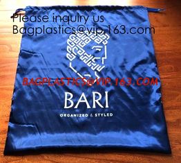 China Large Dark Navy Blue Satin Dust Bag With Drawstring,Thick Black Satin Pouch With Gold Printing, bag with Printed Ribbon supplier
