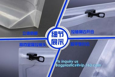 packaging bag stand up flat bottom pouch with slider zip, metal slider pe packing bag, metal zip sider packaging bag supplier