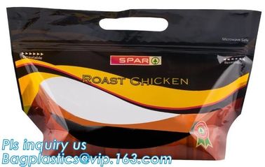 Anti Fog Material Resealabele Plastic Hot Chicken Bag, slide zipper pet microwave oven roasting bag, OEM logo plastic PE supplier