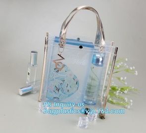 promotional clear pvc cosmetic bags handle zipper for sale, eco soft loop die cut pvc clear handle plastic shopping bags supplier