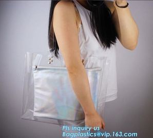 patch handle pe die cut large clear plastic bags with your own logo, pvc tote bag with leather handles tote bag PVC hand supplier