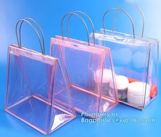 pvc packaging shopping handle bag with button, promotional clear tote pvc handle shopping bag pvc tote bag, die cut hand supplier