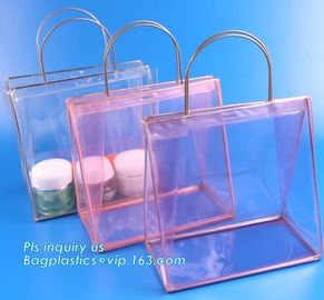 pvc packaging shopping handle bag with button, promotional clear tote pvc handle shopping bag pvc tote bag, die cut hand supplier