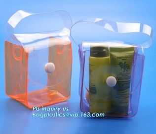 pvc packaging shopping handle bag with button, promotional clear tote pvc handle shopping bag pvc tote bag, die cut hand supplier