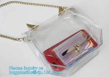 PVC shoulder bag/transparent tote bag, Clear PVC Tote Bag Beach Bag, pvc shoulder bag with golden chain, clutch, packs supplier