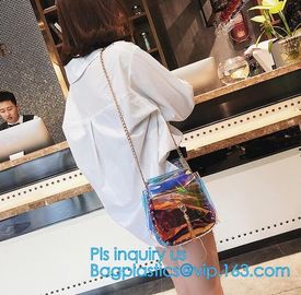 Personalized Womens Rainbow Color Shoulder Hand Bag PVC Clear Beach Bag, Handbag manufacturer China fashion ladies clear supplier