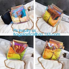 Personalized Womens Rainbow Color Shoulder Hand Bag PVC Clear Beach Bag, Handbag manufacturer China fashion ladies clear supplier