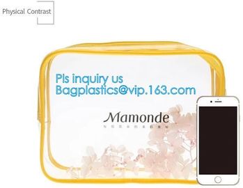 Trendy transparent PVC makeup bag with nylon handle, pvc hanging travel cosmetic makeup zipper bag, travel makeup organi supplier