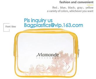 Trendy transparent PVC makeup bag with nylon handle, pvc hanging travel cosmetic makeup zipper bag, travel makeup organi supplier