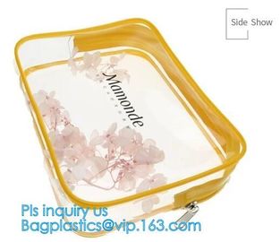 Trendy transparent PVC makeup bag with nylon handle, pvc hanging travel cosmetic makeup zipper bag, travel makeup organi supplier