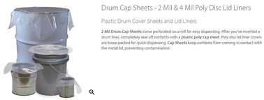 Drum cover dust caps, round bottom drum liners, drum cap sheets, poly disc lid liners, 5 gallon, 15 gallon, 30 gallon, 5 supplier