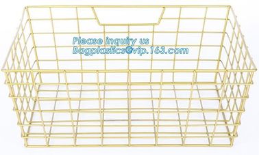 metal wire storage basket with tray in whole sale lowest MOQ sale even just buy 1 set, Kitchen storage Rose gold wire me supplier