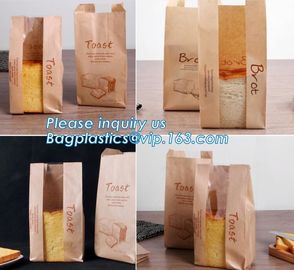 Recyclable sandwich bread food packaging brown paper bag custom kraft pastry paper bag，kraft paper bread bag with window supplier