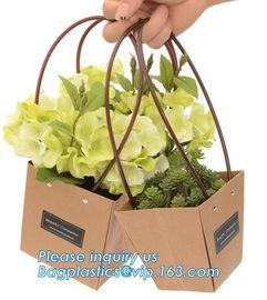 Recycled Fashion Design Flat Paper Handle Kraft Gift Bag Flower Carrier Bag,Flower carrier bag kraft paper flower carrie supplier