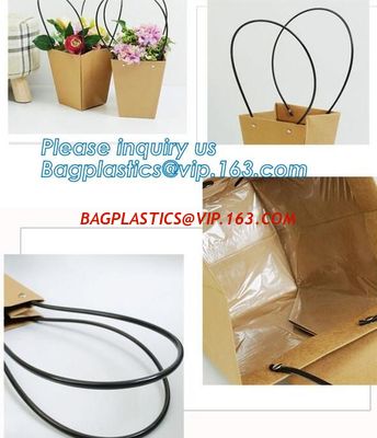 Promotional printing brown paper fresh flower carrier waterproof kraft paper bags with handle,Flower carrier paper bag supplier