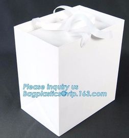 Gold embossed logo ribbon satin finish ribbon paper carrier bags with rope handles and ribbon bow fastener bagease pac supplier