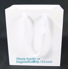 Gold embossed logo ribbon satin finish ribbon paper carrier bags with rope handles and ribbon bow fastener bagease pac supplier