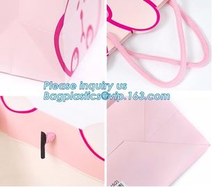 Pink paper bag Customized gold embossed Logo Gift Shopping Paper Bag With Ribbon Bow Handles Style,pink yellow, blue, pa supplier