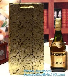 wine paper bag with handles,luxury glossy wine bottle gift paper bags,Gold Wine Gift Paper Bag with Ribbon Handles pack supplier