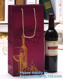 wine paper bag with handles,luxury glossy wine bottle gift paper bags,Gold Wine Gift Paper Bag with Ribbon Handles pack supplier