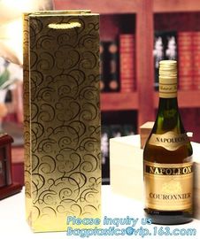 wine paper bag with handles,luxury glossy wine bottle gift paper bags,Gold Wine Gift Paper Bag with Ribbon Handles pack supplier