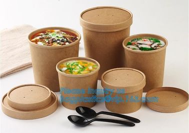 Disposable kraft paper soup cup_Double wall disposable hot coffee kraft paper soup cup_Easy Take away cups lid spoon supplier