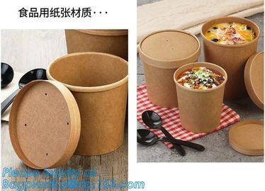 Disposable kraft paper soup cup_Double wall disposable hot coffee kraft paper soup cup_Easy Take away cups lid spoon supplier