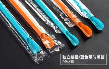 wholesale biodegradable 100% PLA drinking straw with spoon,eco friendly biodegradable PLA plastic drinking straw package supplier