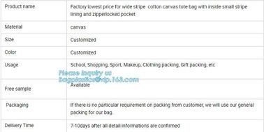 factory lowest price for wide stripe cotton canvas oxford canvas tote bag with inside small stripe lining and ziper lock supplier