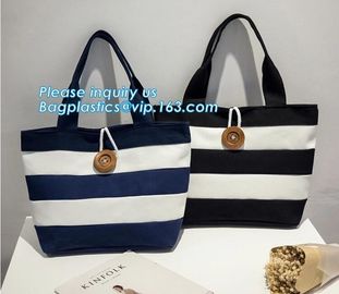 factory lowest price for wide stripe cotton canvas oxford canvas tote bag with inside small stripe lining and ziper lock supplier