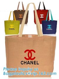 Wholesale jute tote bags with leather handles,Reusable natural color jute tote bag for shopping, Printed jute shopping b supplier