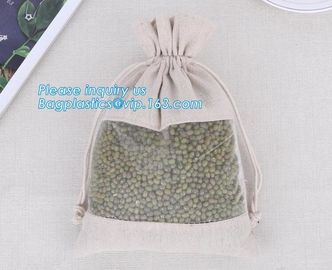 custom packaging mung bean cloth bag cotton hemp drawstring bag with clear plastic mesh window,Jute Drawstring Bag For G supplier