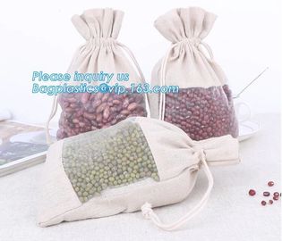 custom packaging mung bean cloth bag cotton hemp drawstring bag with clear plastic mesh window,Jute Drawstring Bag For G supplier