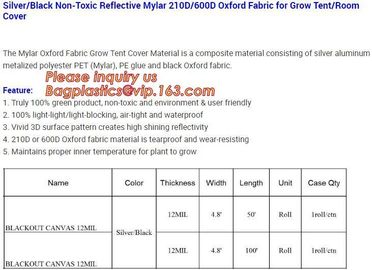 Silver,black non-toxic reflective Mylar 210D/600D Oxford fabric for grow tent/Room Cover,Antiglare Coated Aluminum Foil supplier