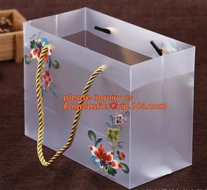 Customized square shape flower pattern long handle PP gift bag,flower vase, disposable flower plastic bag, plastic folda supplier