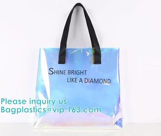 Neon Rainbow Hologram PVC Tote Bag custom holographic handbag PVC handle beach bag,Cosmetic Makeup Travel Pouch,Zipper supplier